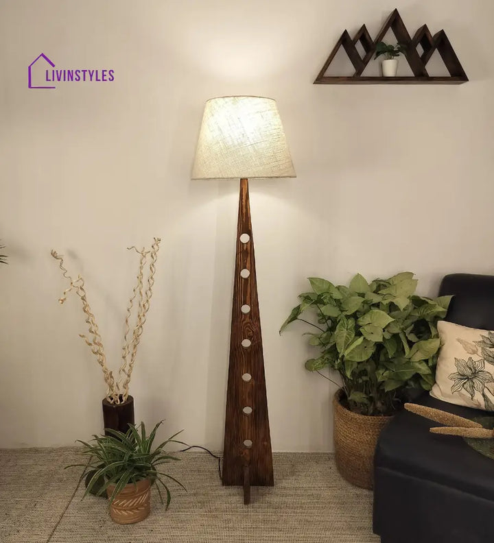 Bevel Wooden Floor Lamp With Brown Base And Beige Fabric Lampshade Lamps