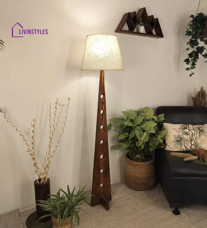 Bevel Wooden Floor Lamp With Brown Base And Beige Fabric Lampshade Lamps