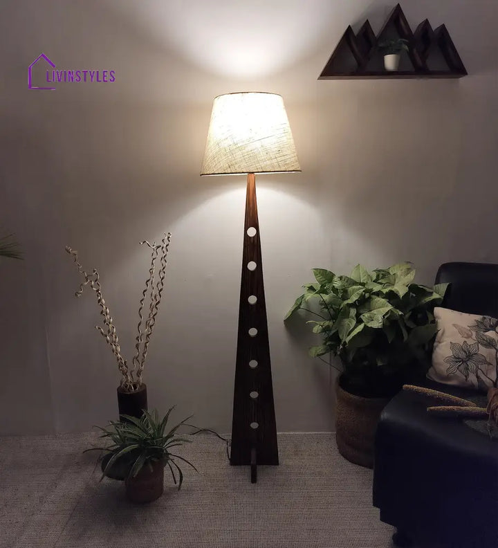 Bevel Wooden Floor Lamp With Brown Base And Beige Fabric Lampshade Lamps