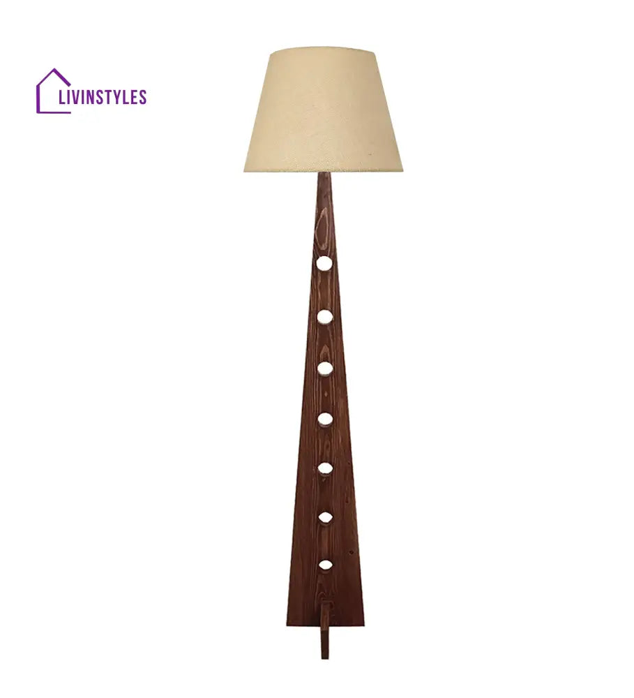 Bevel Wooden Floor Lamp With Brown Base And Beige Fabric Lampshade Lamps