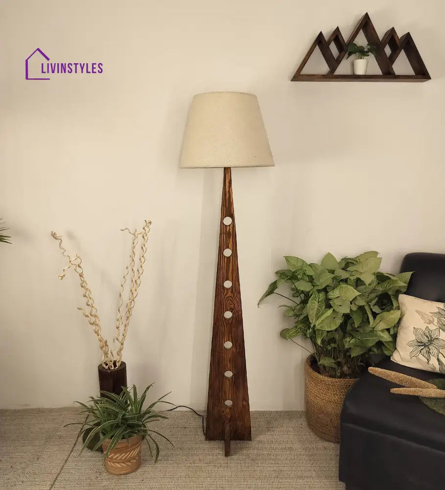 Bevel Wooden Floor Lamp With Brown Base And Beige Fabric Lampshade Lamps