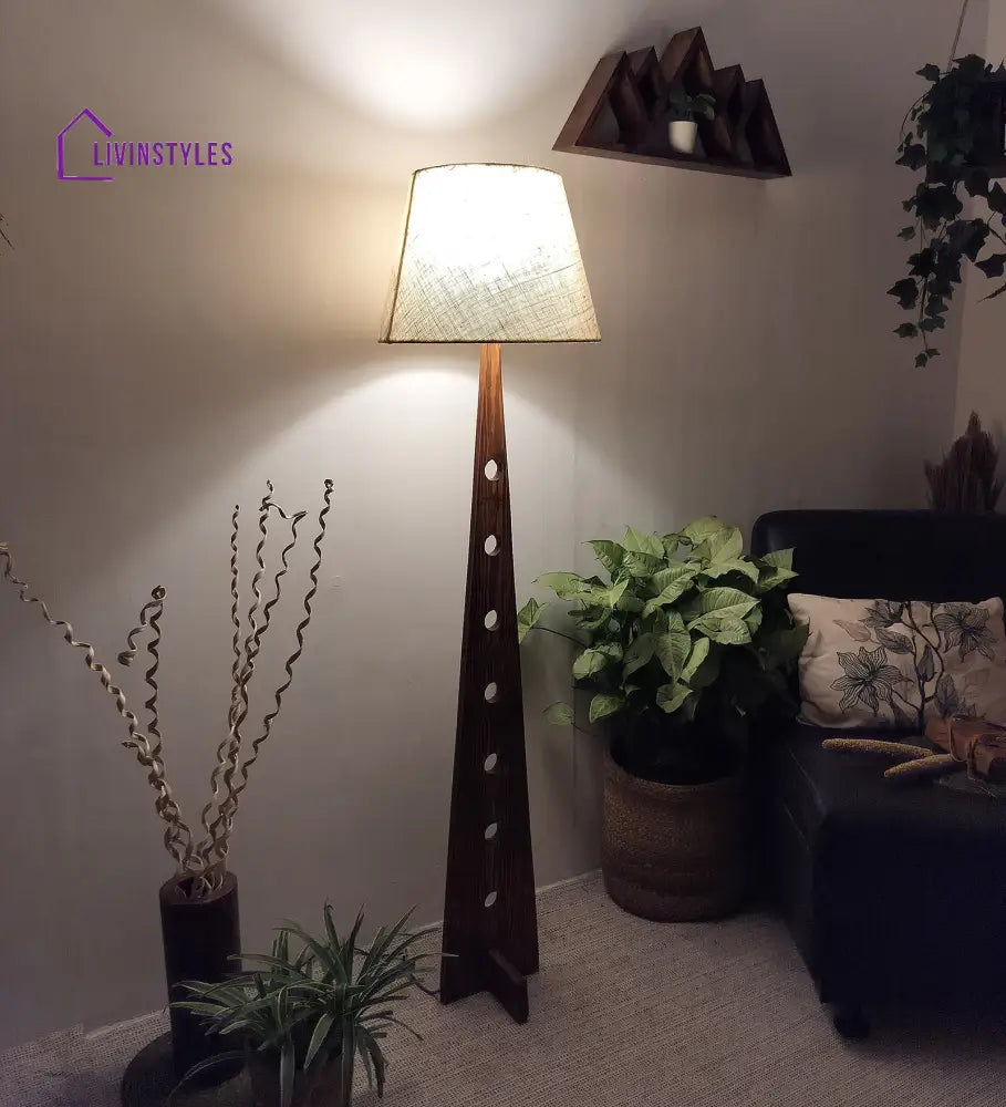 Bevel Wooden Floor Lamp With Brown Base And Beige Fabric Lampshade Lamps