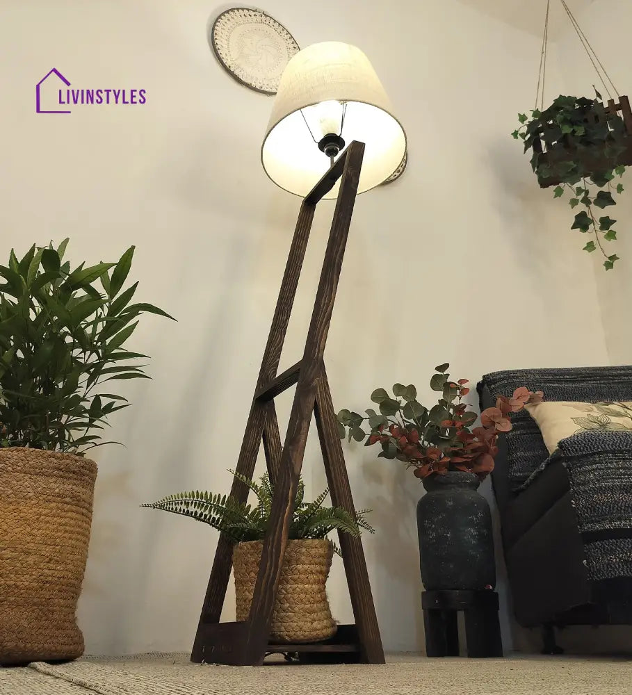 Bezalel Wooden Floor Lamp With Brown Base And Beige Fabric Lampshade Lamps