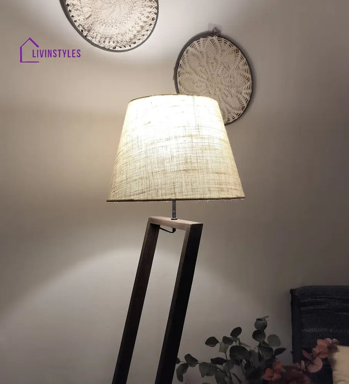 Bezalel Wooden Floor Lamp With Brown Base And Beige Fabric Lampshade Lamps