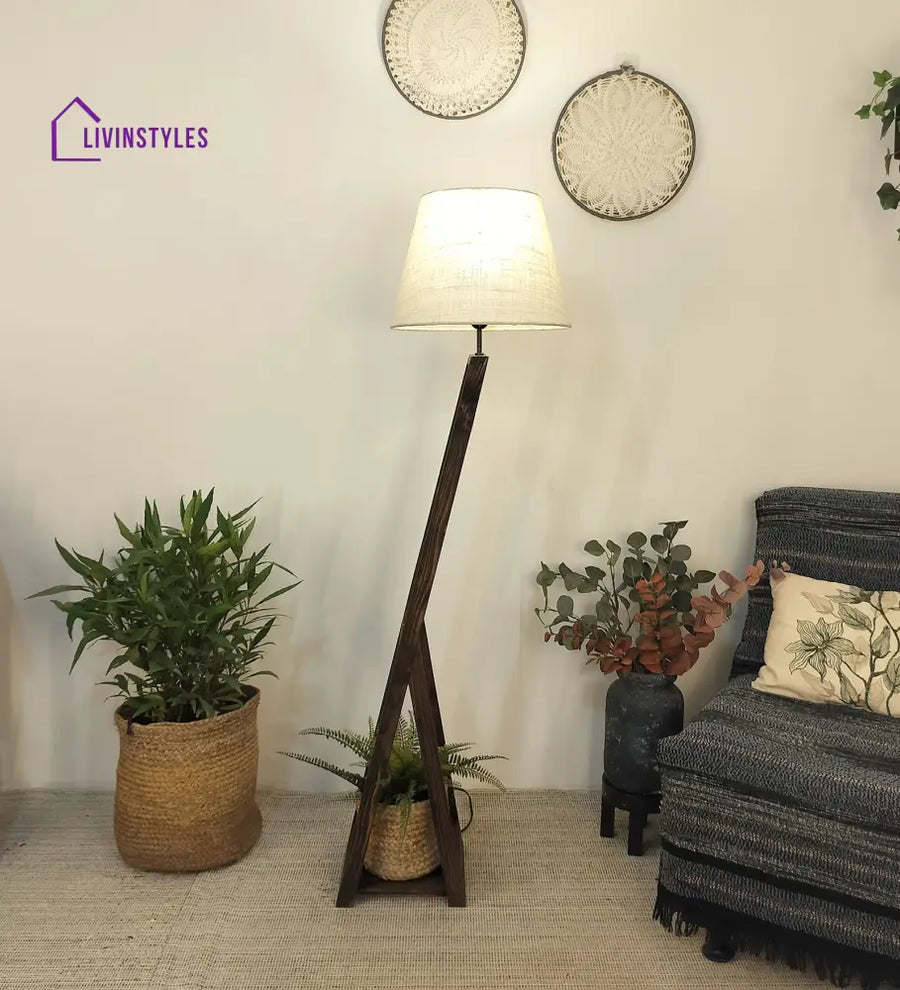 Bezalel Wooden Floor Lamp With Brown Base And Beige Fabric Lampshade Lamps