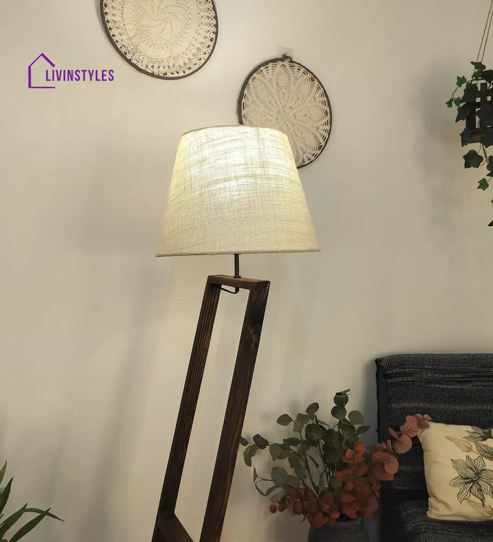 Bezalel Wooden Floor Lamp With Brown Base And Beige Fabric Lampshade Lamps