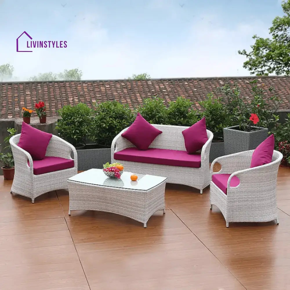 Bhavya 4 Piece Patio Furniture Set With Center Table (White And Purple)