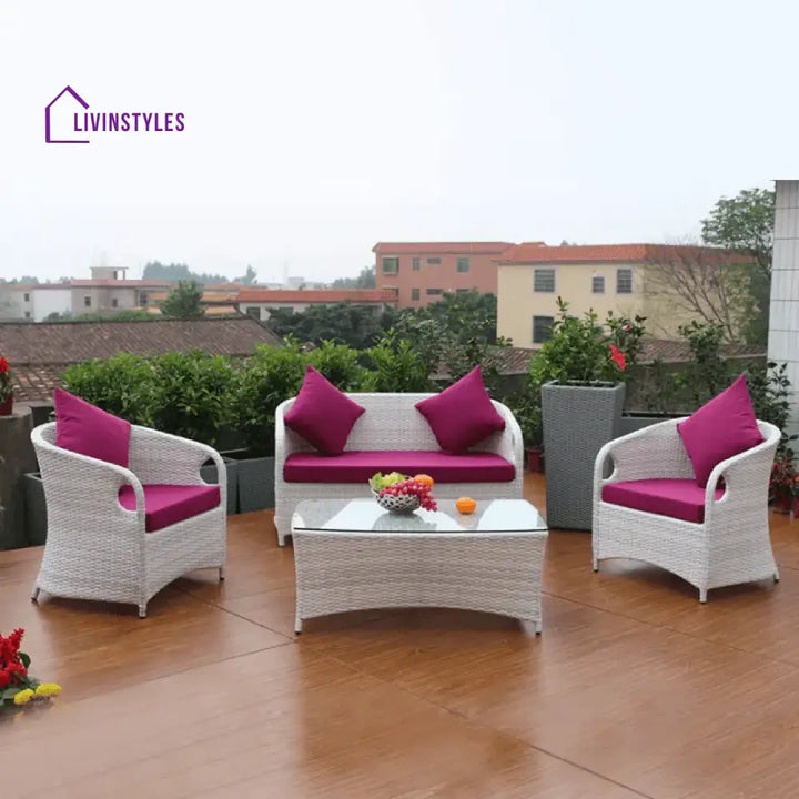 Bhavya 4 Piece Patio Furniture Set With Center Table (White And Purple)