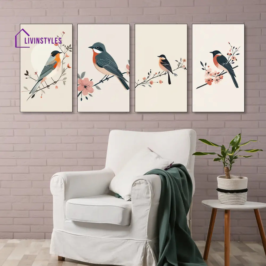 Bird And Floral Canvas Set Of 4 Wall Painting