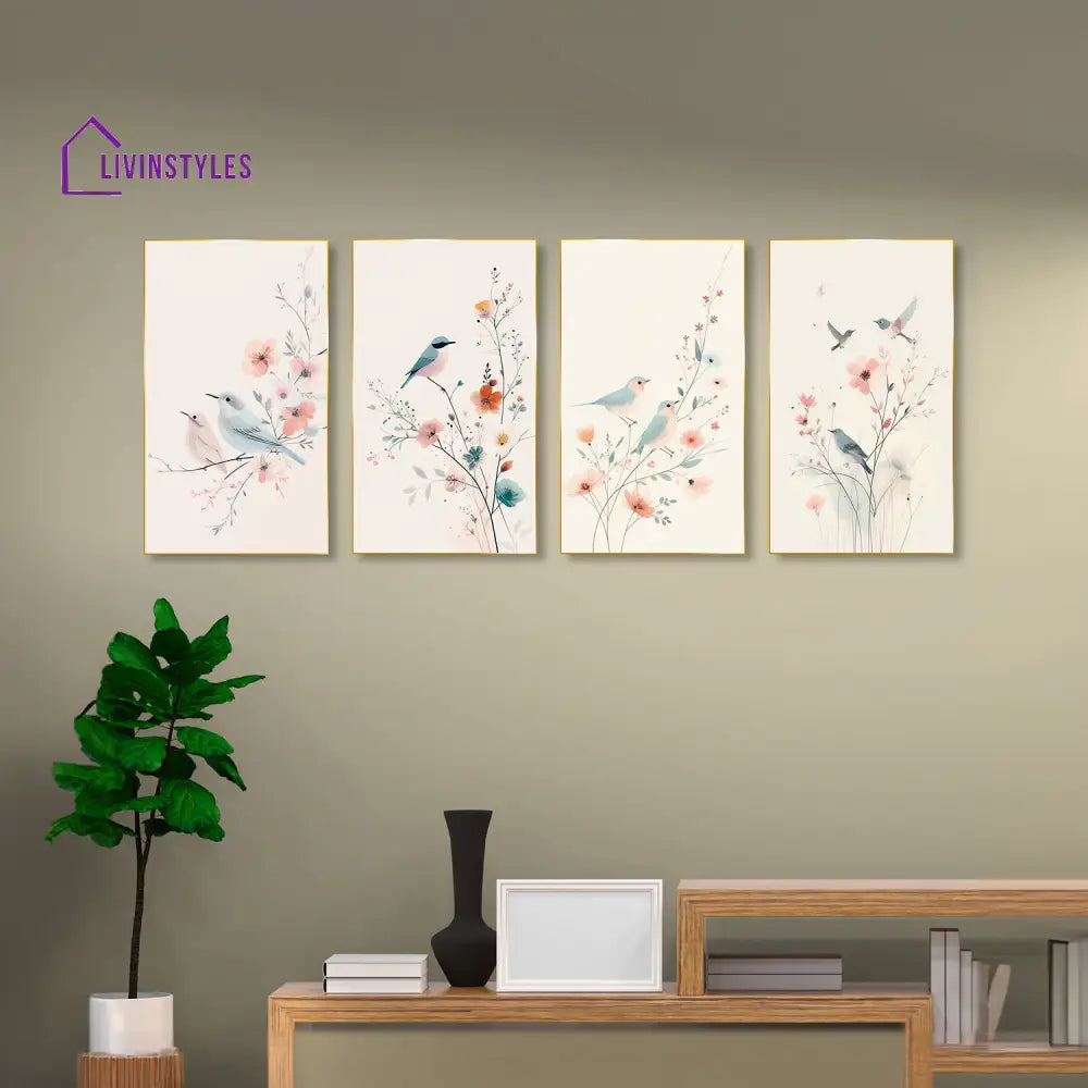 Birds On Branch Art Set Of 4 Canvas Wall Painting