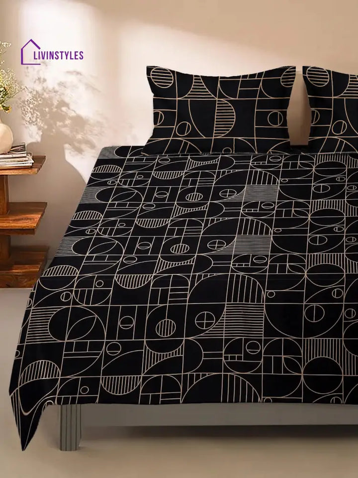 Black Abstract Print 180 Tc Cotton King Bed Sheet With 2 Pillow Covers