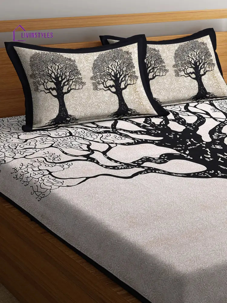 Black And White Printed Double Bedsheet With 2 Pillow Covers