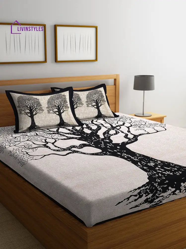 Black And White Printed Double Bedsheet With 2 Pillow Covers