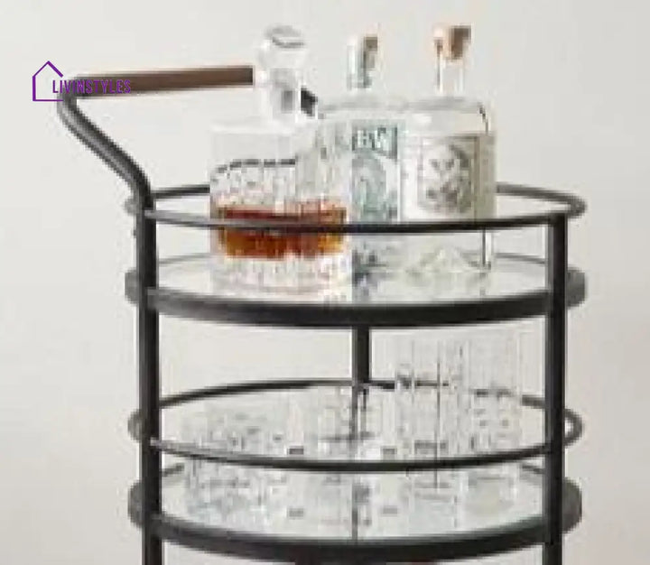 Black Round Two Tier Bar Cart Trolley With Clear Glass Shelves (Iron) Serving Trays