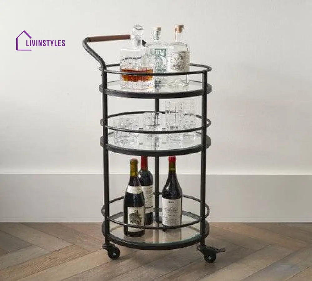 Black Round Two Tier Bar Cart Trolley with Clear Glass Shelves