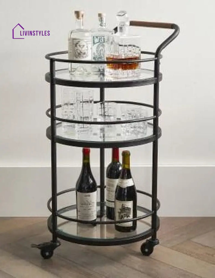 Black Round Two Tier Bar Cart Trolley With Clear Glass Shelves (Iron) Serving Trays