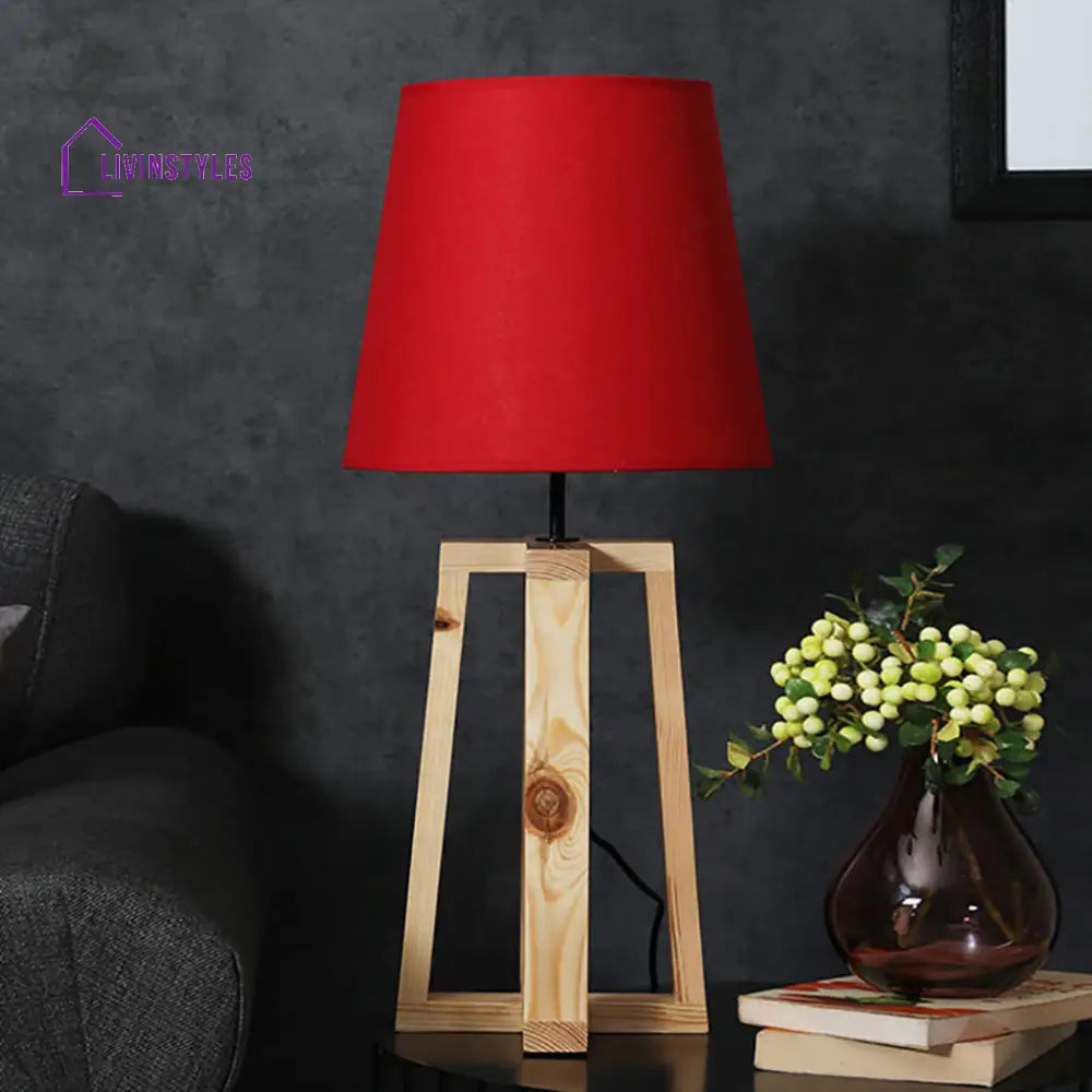 Blender Beige Wooden Table Lamp With Red Fabric Lampshade Lamps