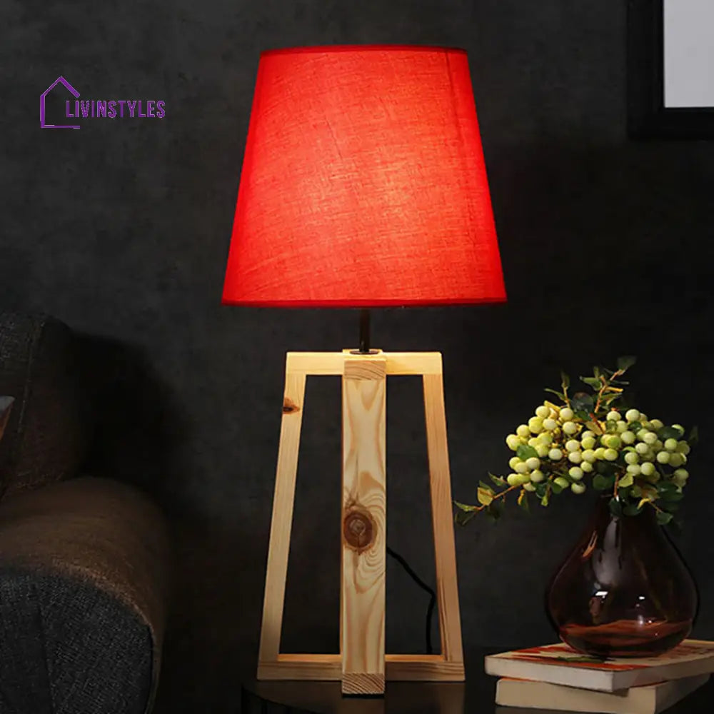 Blender Beige Wooden Table Lamp With Red Fabric Lampshade Lamps