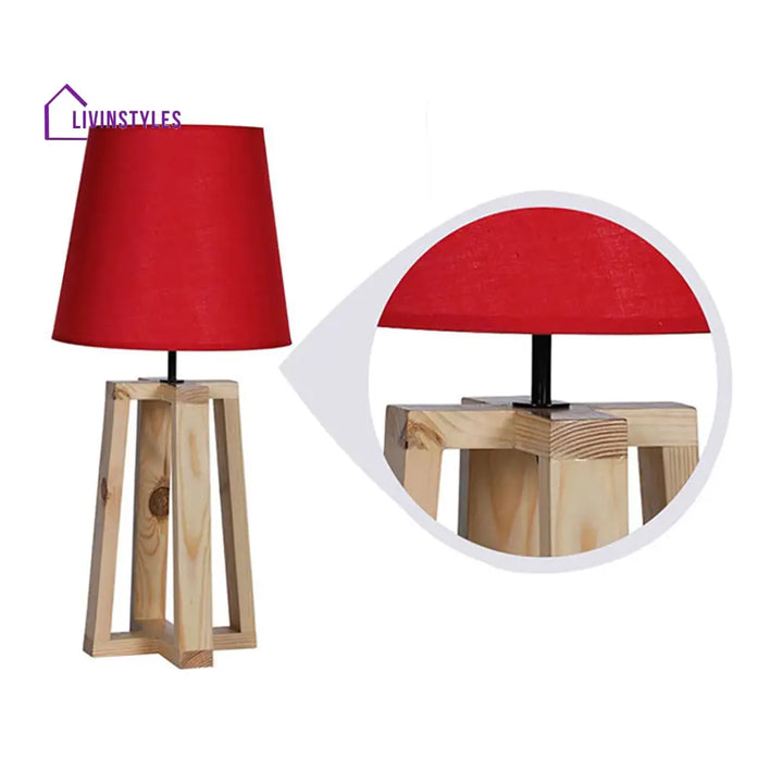 Blender Beige Wooden Table Lamp With Red Fabric Lampshade Lamps