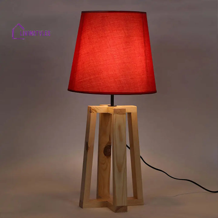 Blender Beige Wooden Table Lamp With Red Fabric Lampshade Lamps