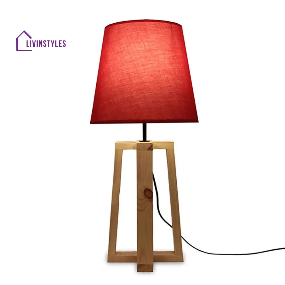 Blender Beige Wooden Table Lamp With Red Fabric Lampshade Lamps