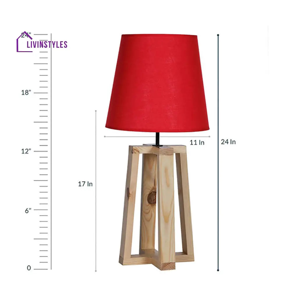 Blender Beige Wooden Table Lamp With Red Fabric Lampshade Lamps