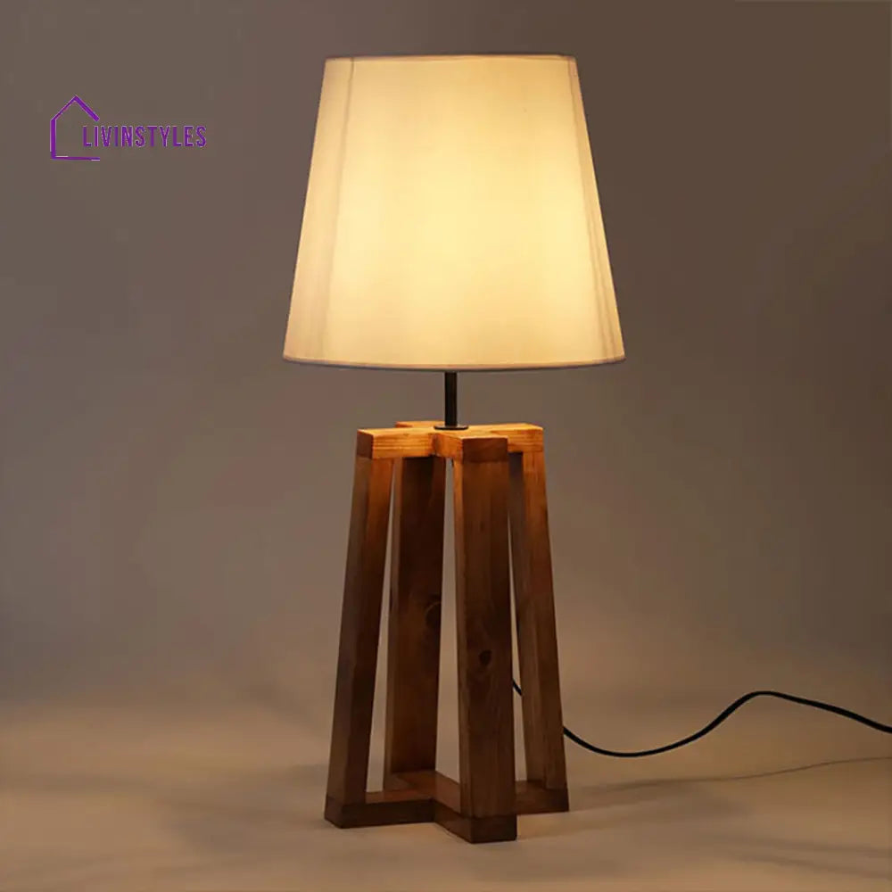 Blender Brown Wooden Table Lamp With White Fabric Lampshade Lamps