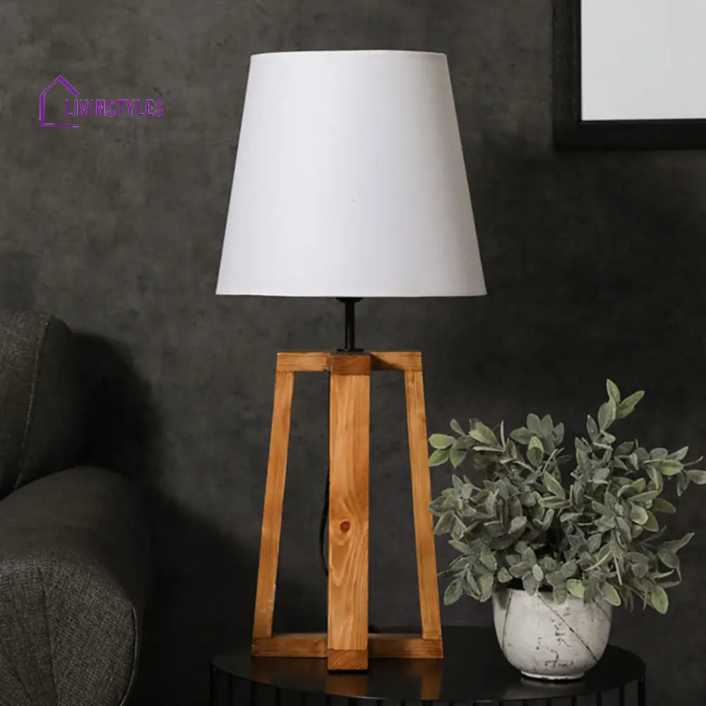 Blender Brown Wooden Table Lamp With White Fabric Lampshade Lamps