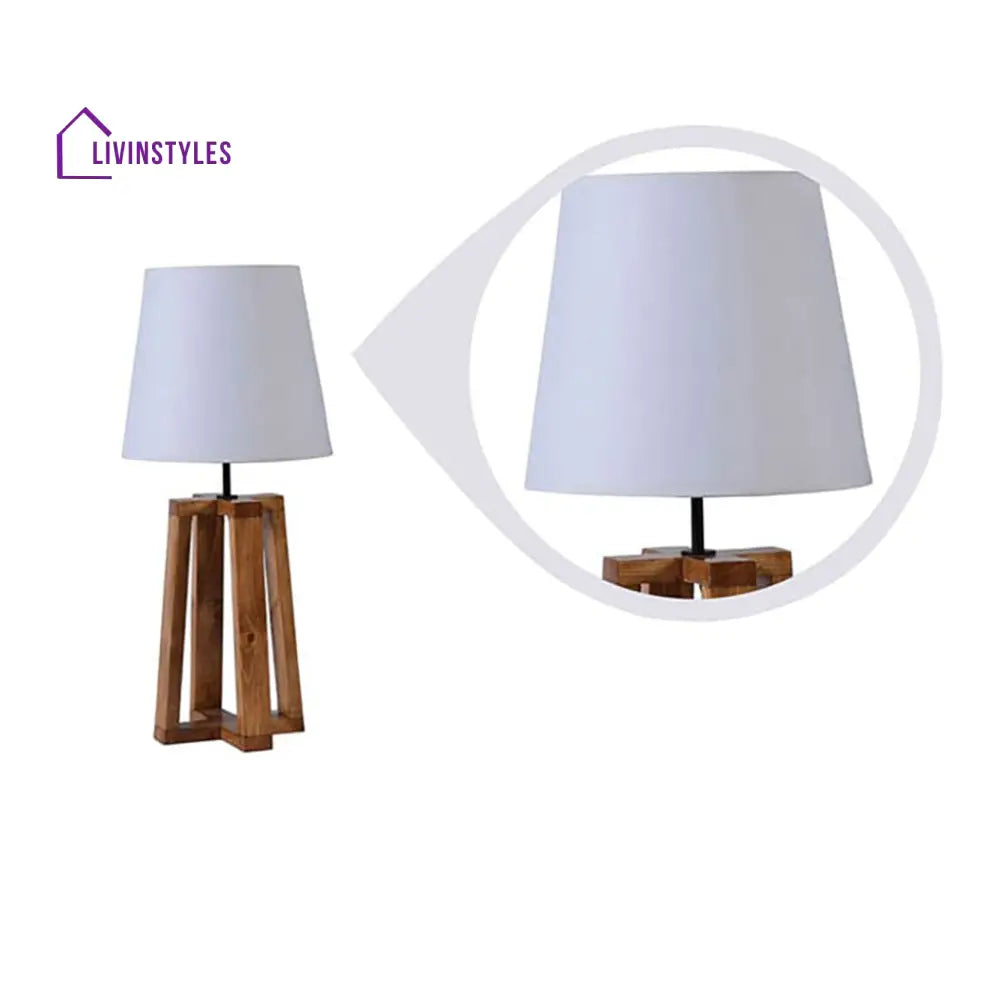 Blender Brown Wooden Table Lamp With White Fabric Lampshade Lamps