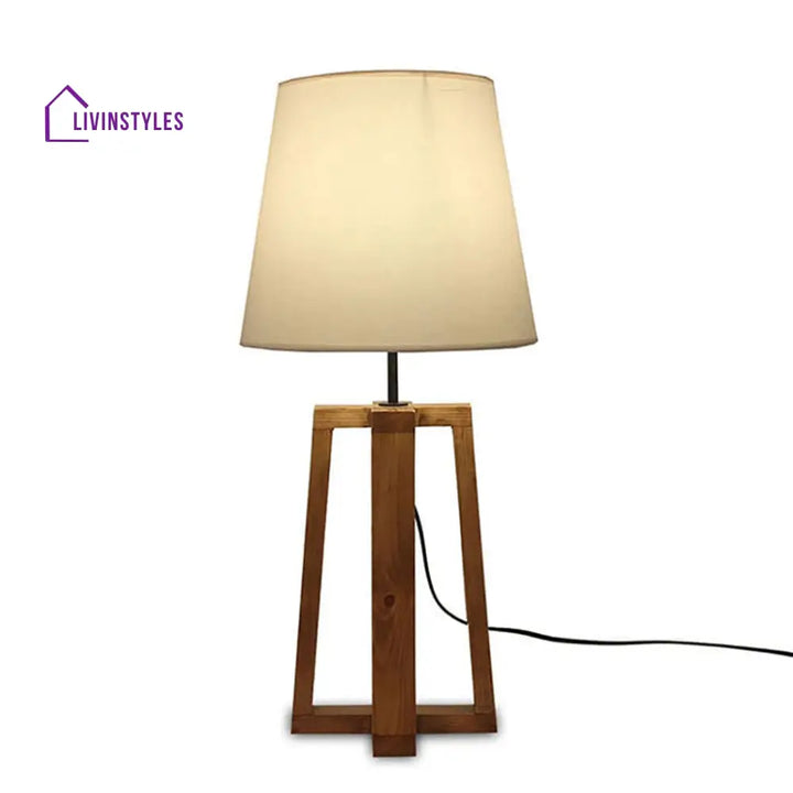 Blender Brown Wooden Table Lamp With White Fabric Lampshade Lamps