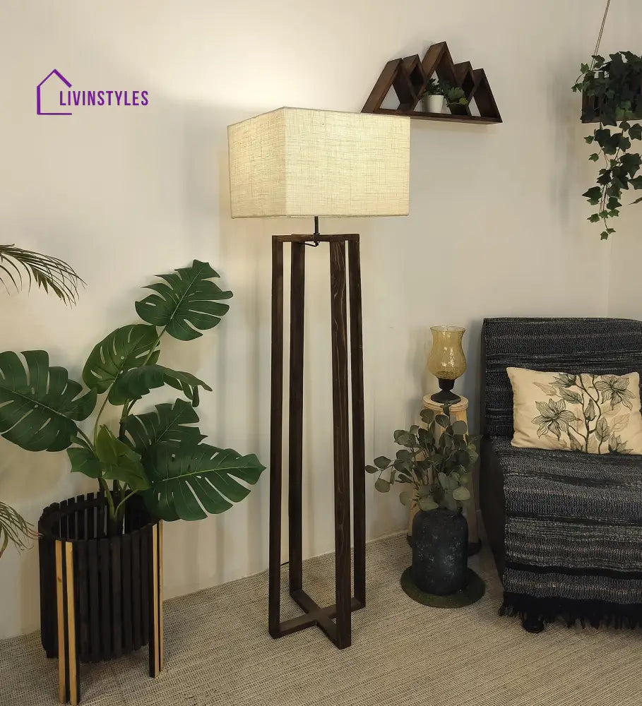 Blender Wooden Floor Lamp With Brown Base And Beige Fabric Lampshade Lamps