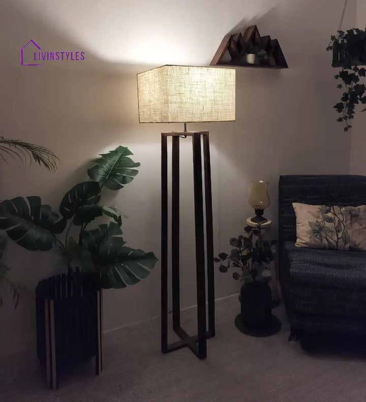 Blender Wooden Floor Lamp With Brown Base And Beige Fabric Lampshade Lamps