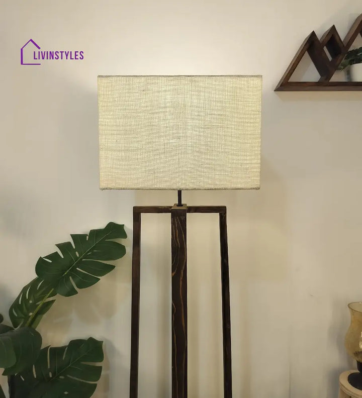 Blender Wooden Floor Lamp With Brown Base And Beige Fabric Lampshade Lamps