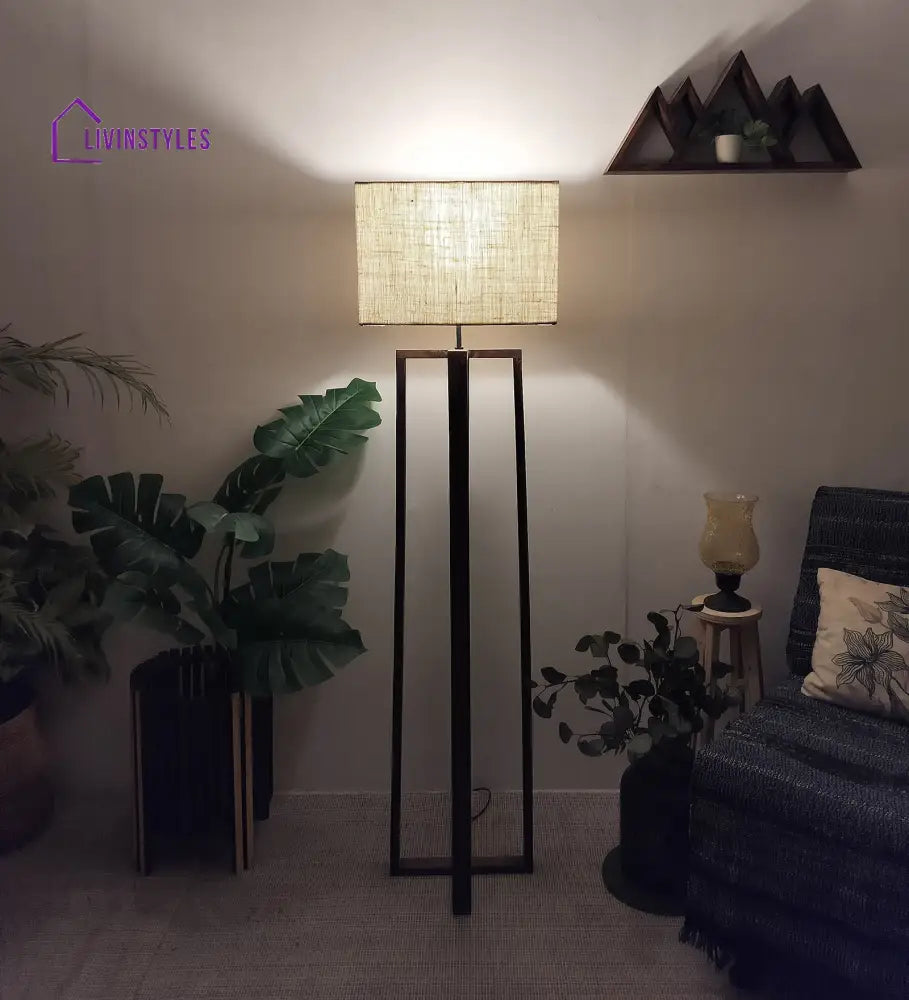 Blender Wooden Floor Lamp With Brown Base And Beige Fabric Lampshade Lamps