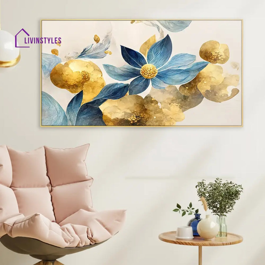 Blue And Gold Floral Elegance Wall Painting