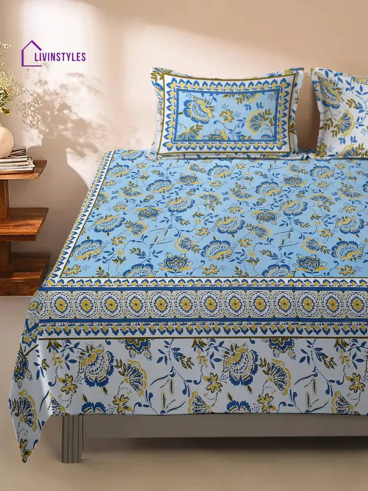 Blue And White Floral Print 144 Tc Cotton Double Bed Sheet With 2 Pillow Covers