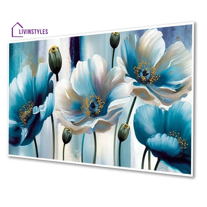 Blue Flowers On White Canvas Wall Painting