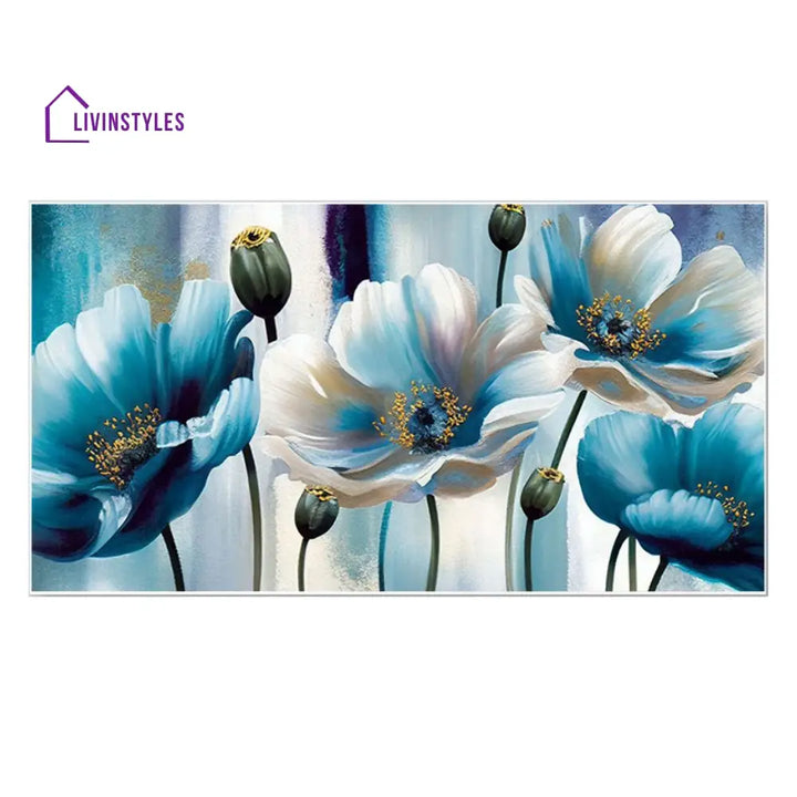 Blue Flowers On White Canvas Wall Painting