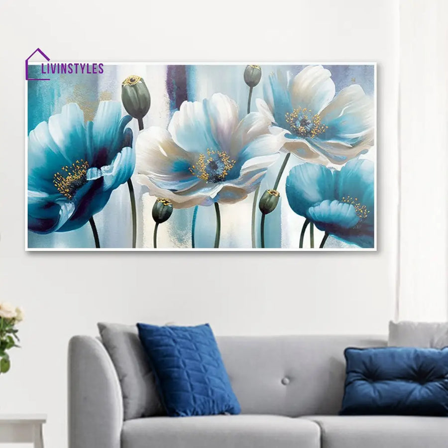 Blue Flowers On White Canvas Wall Painting