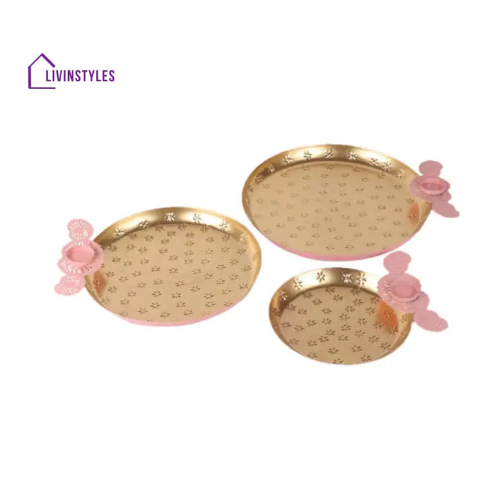 Blush Pink Blossom Brass Thali | Set Of 3 8 Inches 10 & 12 Puja