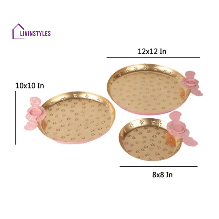 Blush Pink Blossom Brass Thali | Set Of 3 8 Inches 10 & 12 Puja