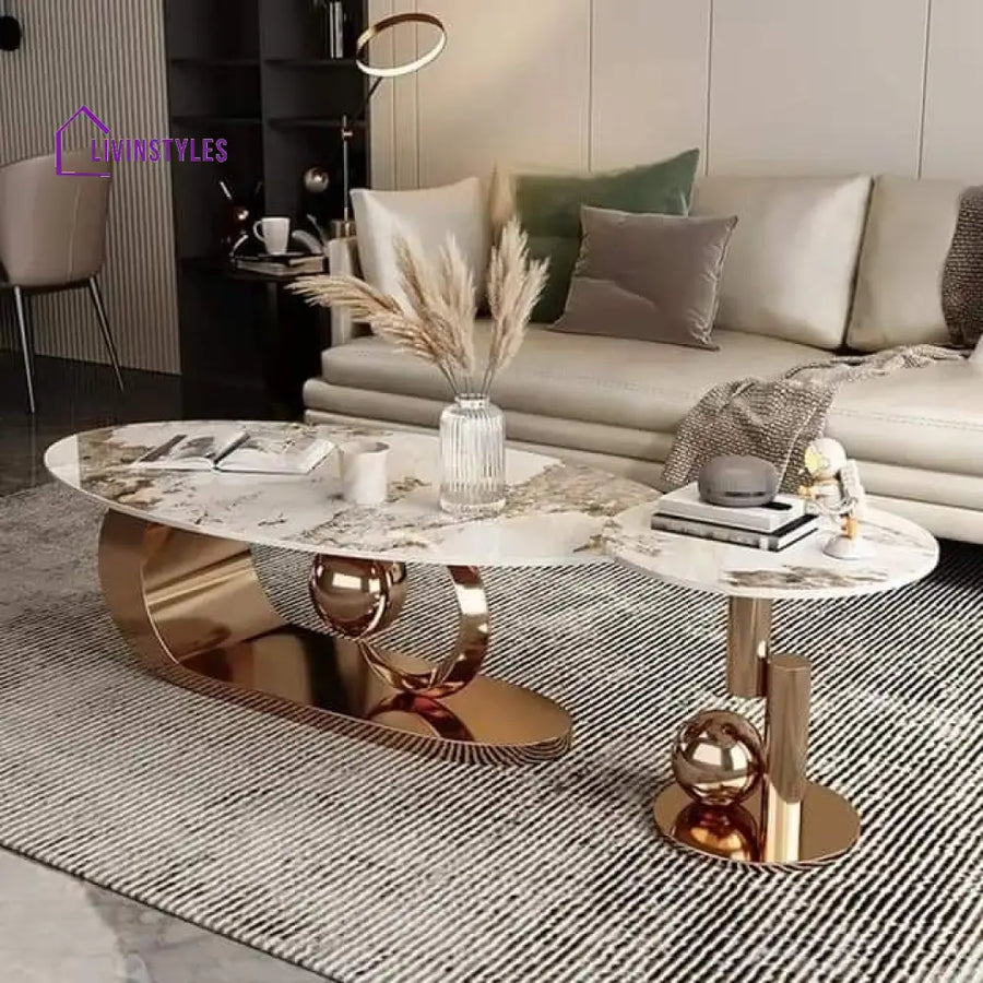 Boho Marble Top Stainless Steel With Pvd Coated Coffee Table And Side Set