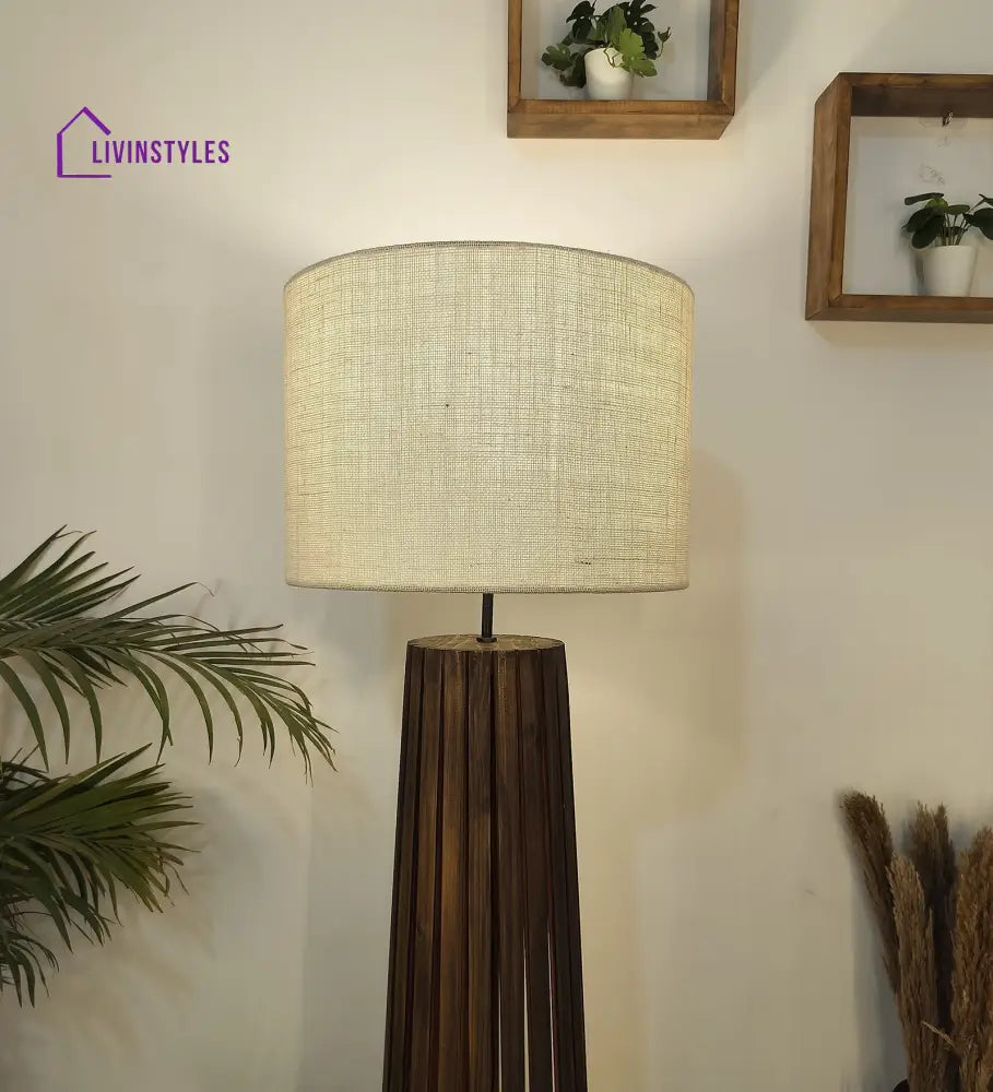 Boho Wooden Floor Lamp With Brown Base And Beige Fabric Lampshade Lamps