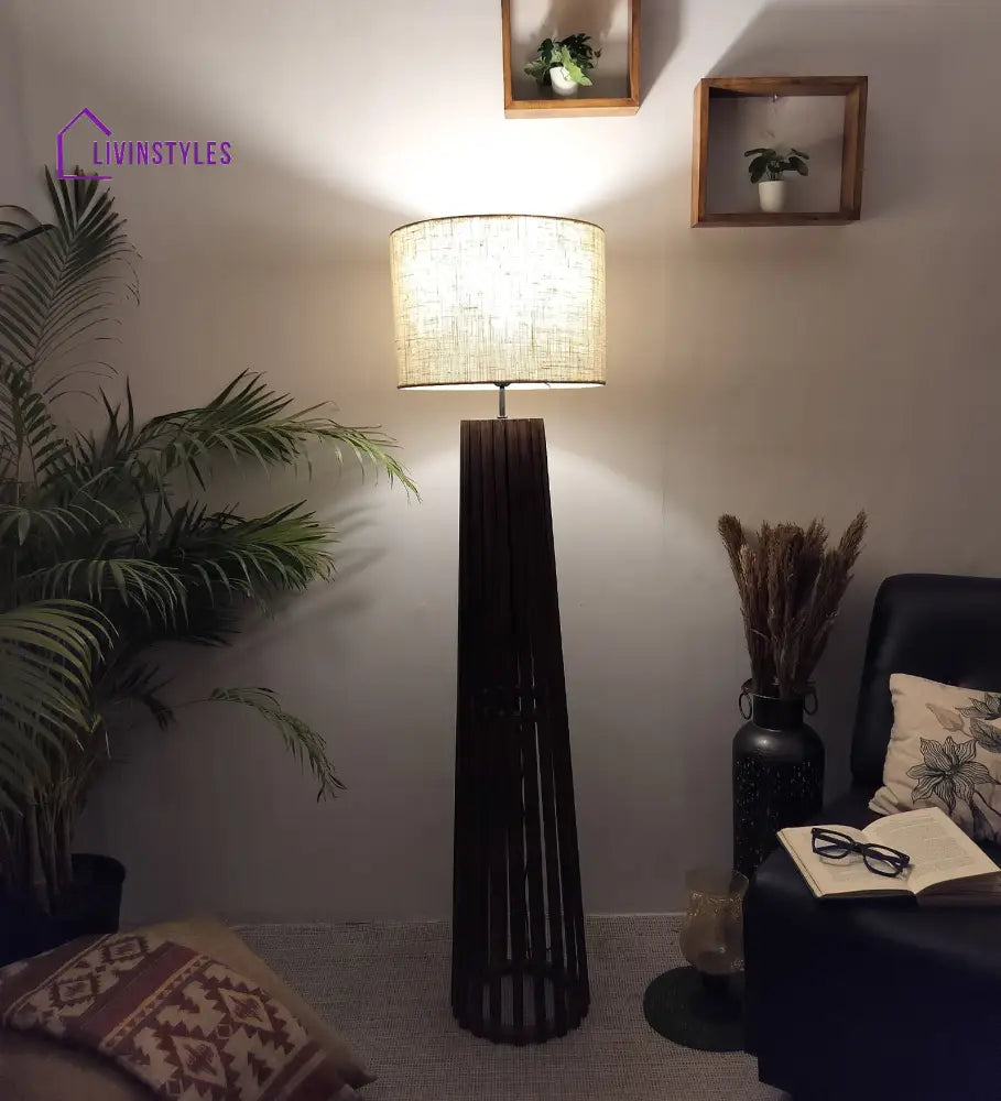 Boho Wooden Floor Lamp With Brown Base And Beige Fabric Lampshade Lamps