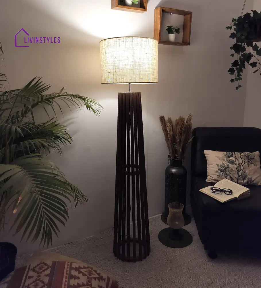 Boho Wooden Floor Lamp With Brown Base And Beige Fabric Lampshade Lamps