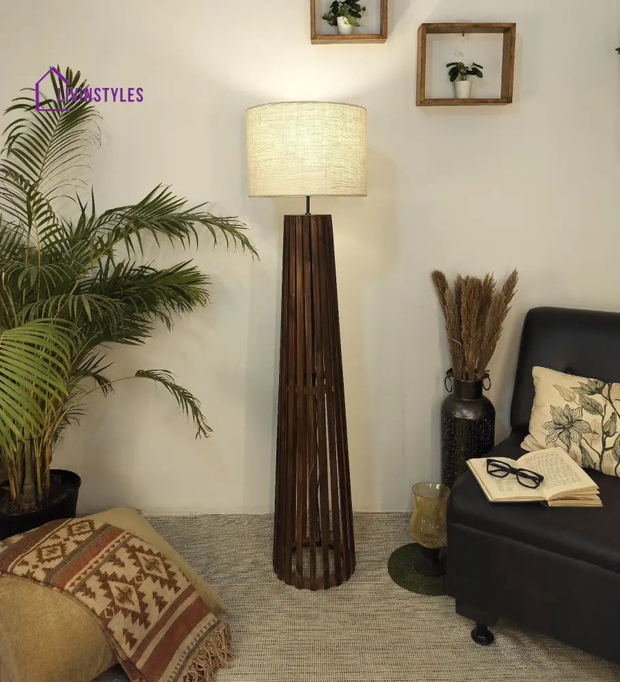 Boho Wooden Floor Lamp With Brown Base And Beige Fabric Lampshade Lamps