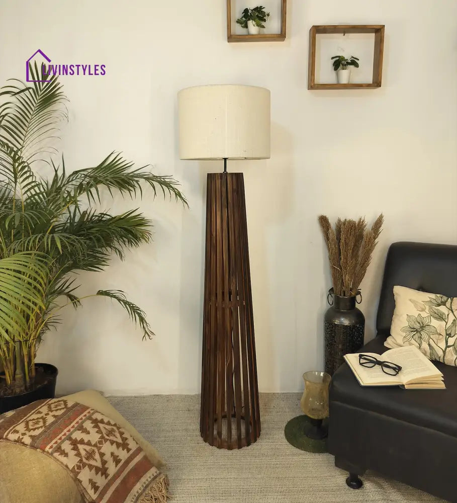 Boho Wooden Floor Lamp With Brown Base And Beige Fabric Lampshade Lamps