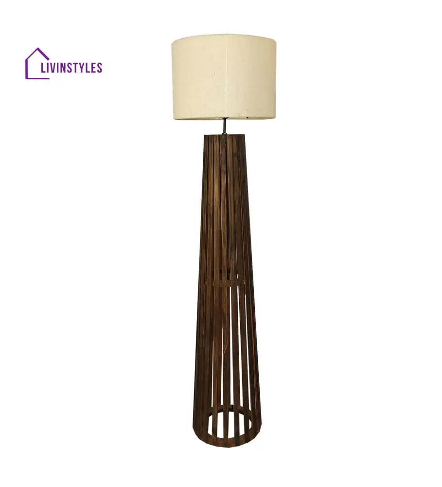 Boho Wooden Floor Lamp With Brown Base And Beige Fabric Lampshade Lamps