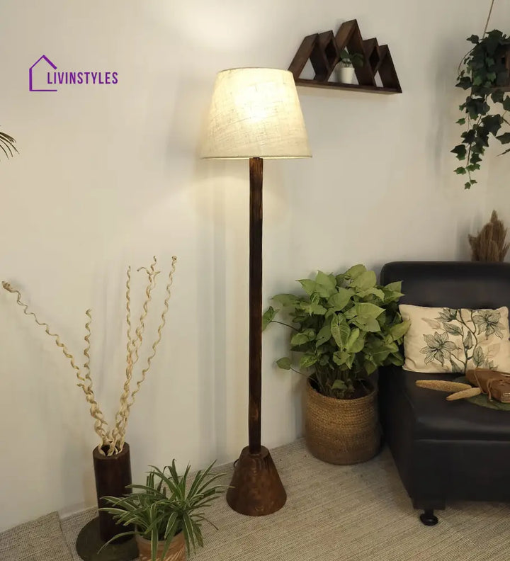 Brice Wooden Floor Lamp With Brown Base And Jute Fabric Lampshade Lamps