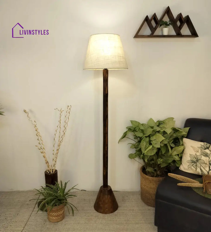 Brice Wooden Floor Lamp With Brown Base And Jute Fabric Lampshade Lamps